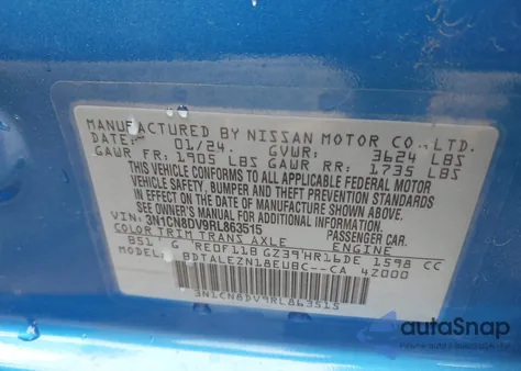 2024 Nissan Versa 1.6 S z USA, uszkodzony, nr VIN 3N1CN8DV9RL863515